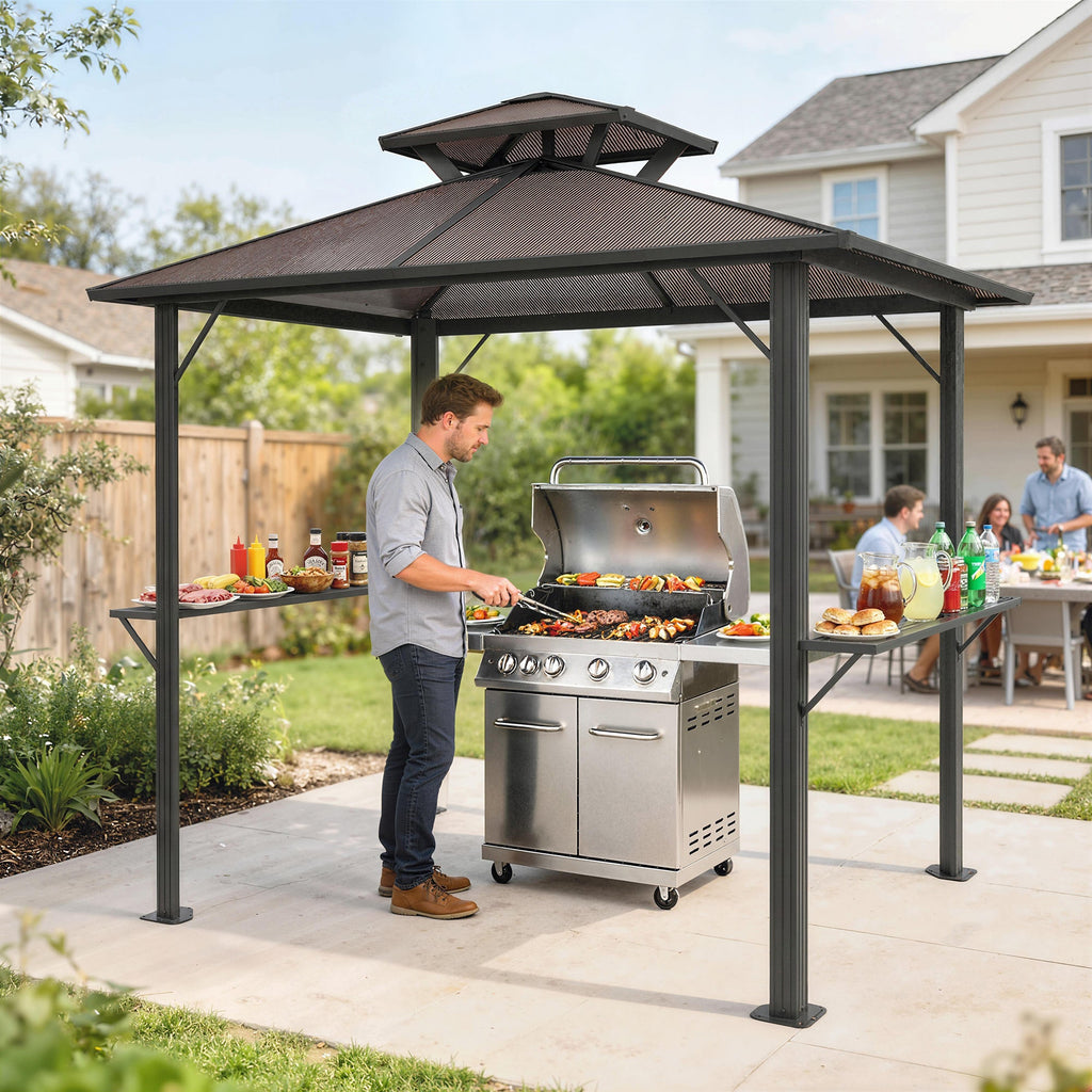 2.5 x 1.5 m Hardtop BBQ Grill Gazebo with 2 Shelves, Brown