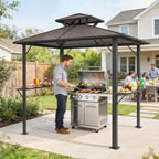 2.5 x 1.5 m Hardtop BBQ Grill Gazebo with 2 Shelves, Brown