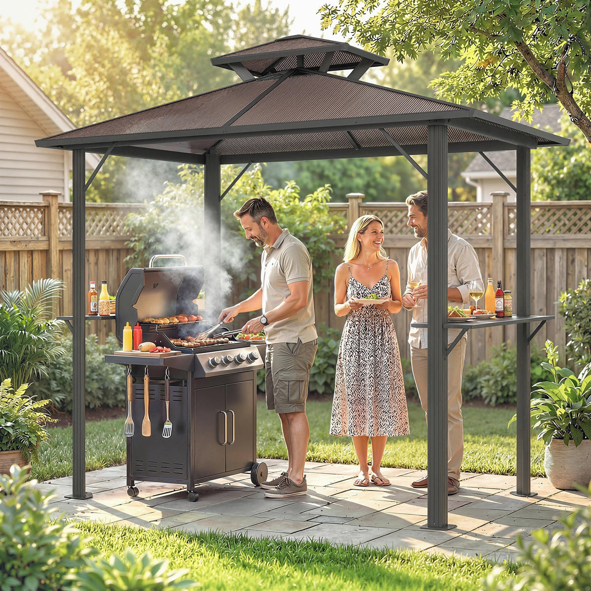 2.5 x 1.5 m Hardtop BBQ Grill Gazebo with 2 Shelves, Brown