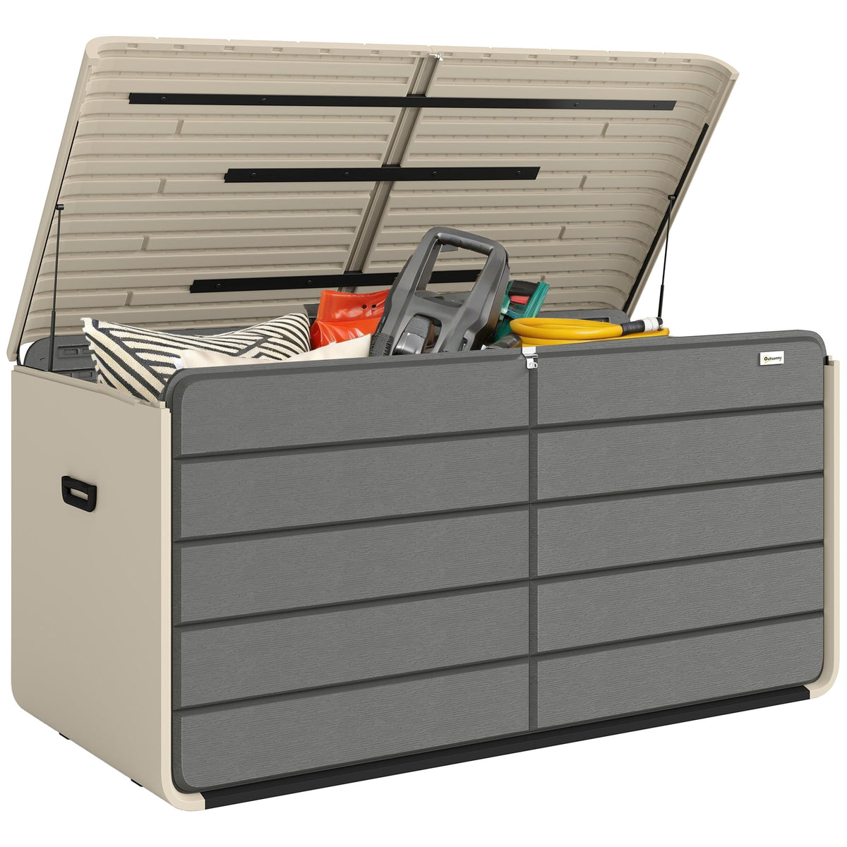 757 L Garden Storage Box with Wheels and Lockable Lid, Beige/Grey