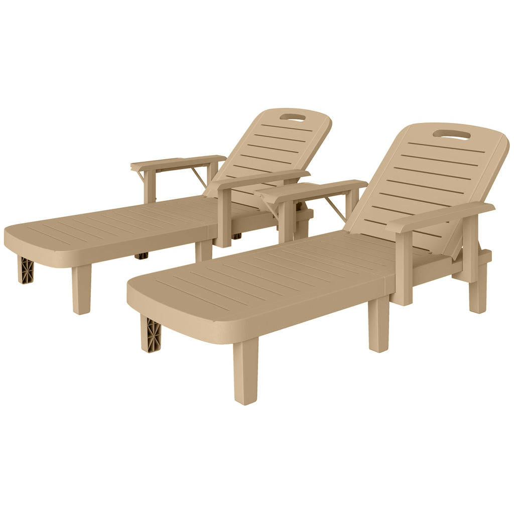Set of 2 Resin Sun Loungers with Foldable Side Table, Khaki