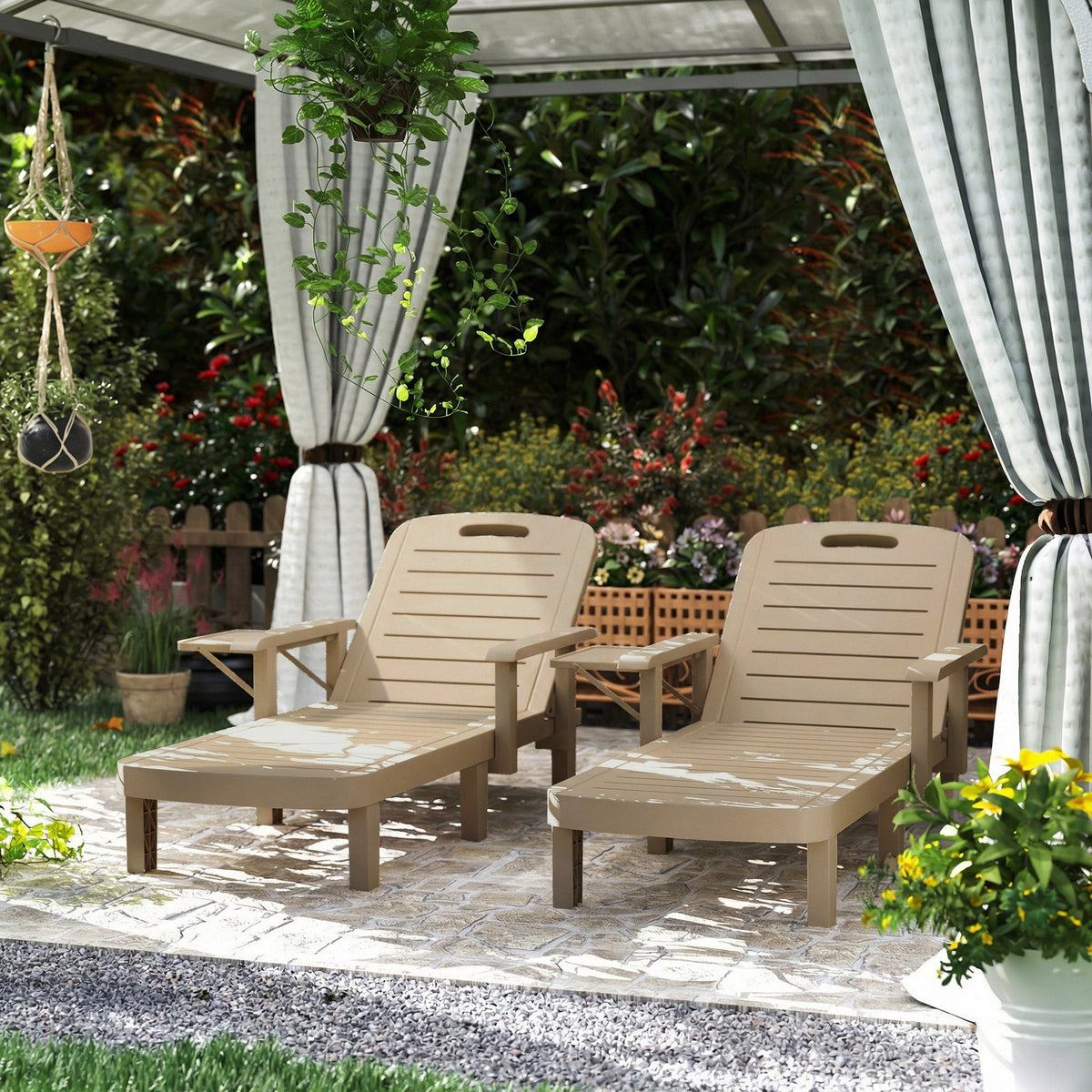 Set of 2 Resin Sun Loungers with Foldable Side Table, Khaki