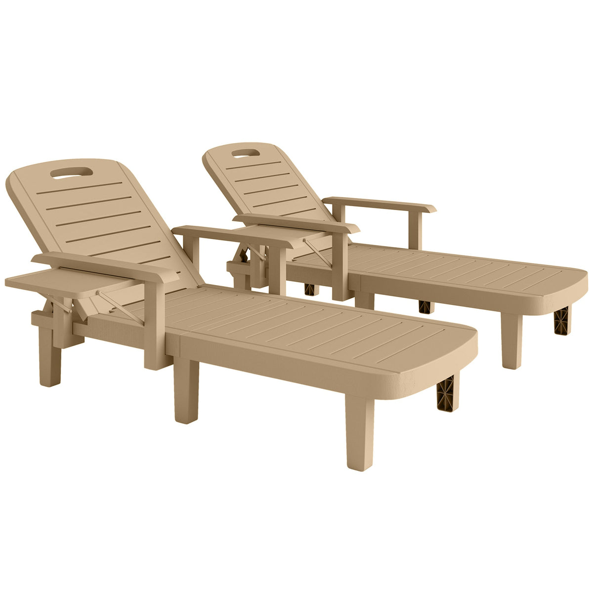 Set of 2 Resin Sun Loungers with Foldable Side Table, Khaki