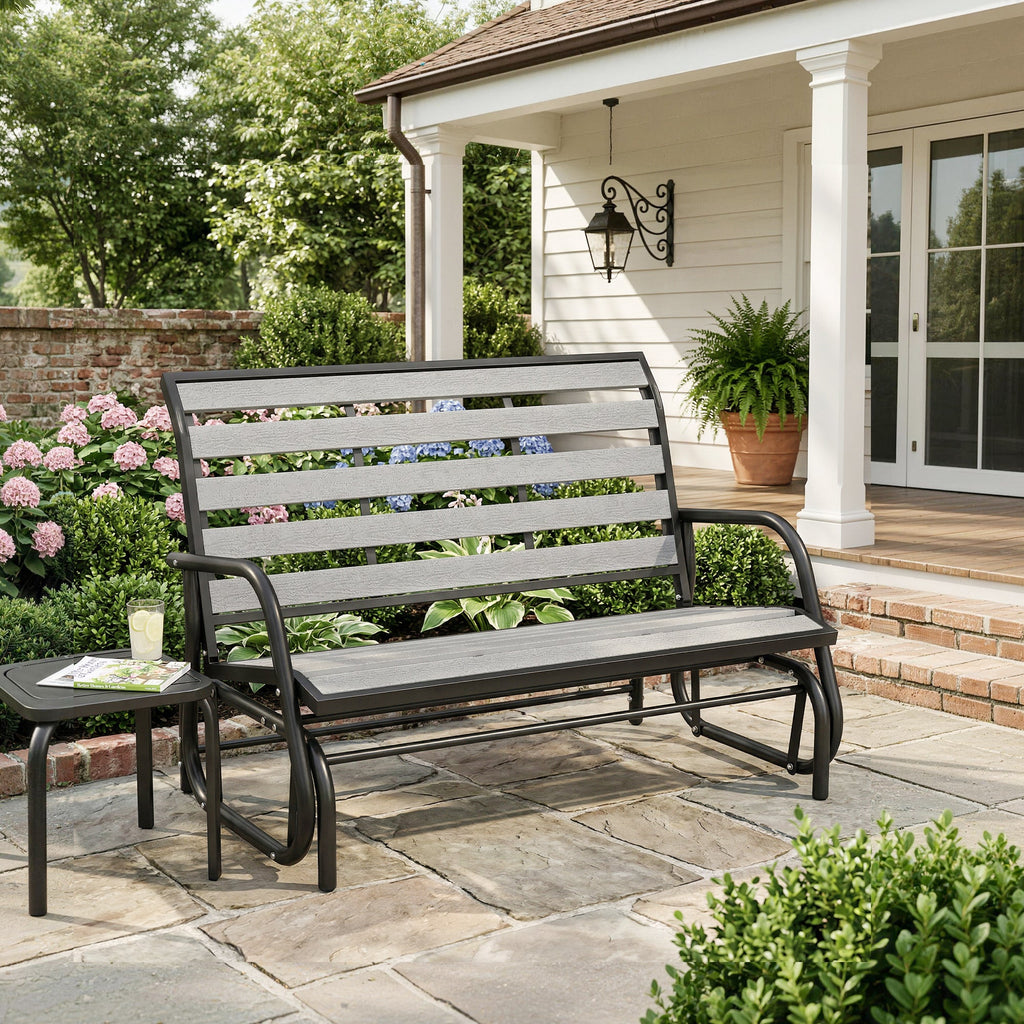 2-Person Outdoor Glider Bench with Faux Wood Slatted Seat and Steel Frame, Grey