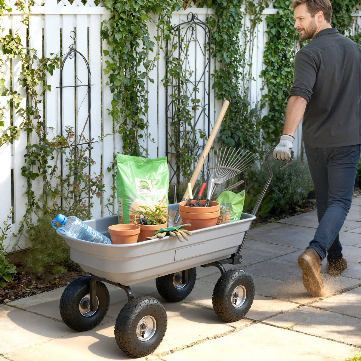 Steel Garden Cart with 10" Pneumatic Tires, 551 lbs Capacity, Grey