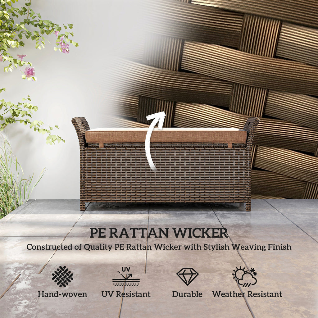 2-in-1 Patio Wicker Storage Bench, 29 Gallon with Cushion, Tan