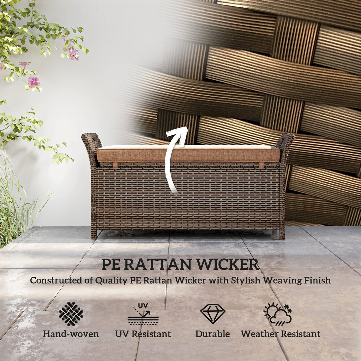 2-in-1 Patio Wicker Storage Bench, 29 Gallon with Cushion, Tan