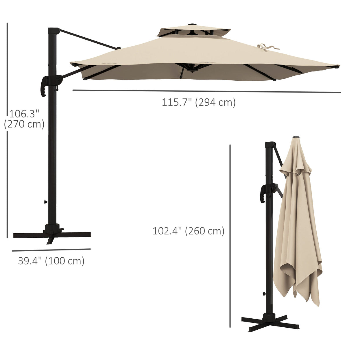 10ft Square Cantilever Patio Umbrella with 360° Rotation and Double Canopy, Khaki
