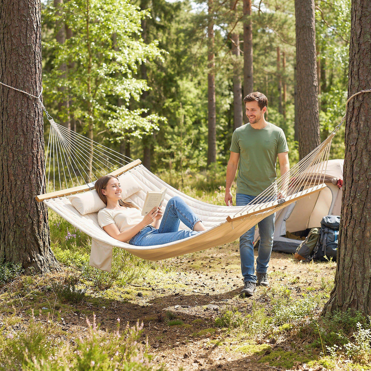 200 x 140 cm Double Hammock with Pillow and Pad, Cream White