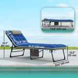 Set of 2 Folding Lounge Chairs with Cushion and Side Pocket, Brown/Blue
