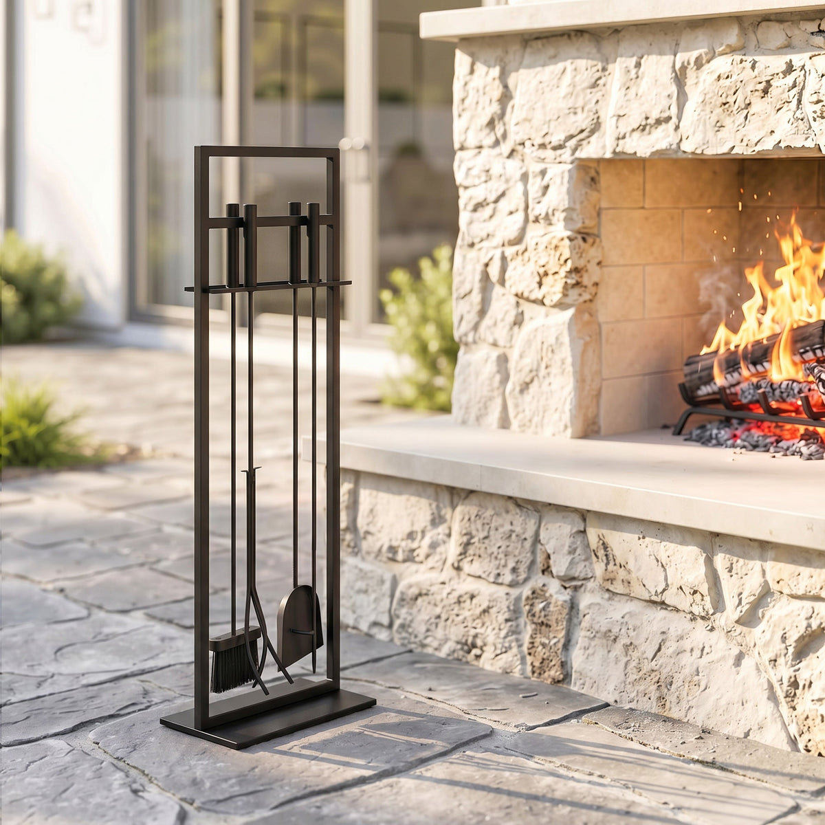 5-Piece Fireplace Tool Set with Brush, Shovel, Poker, Tongs & Stand, Black Metal