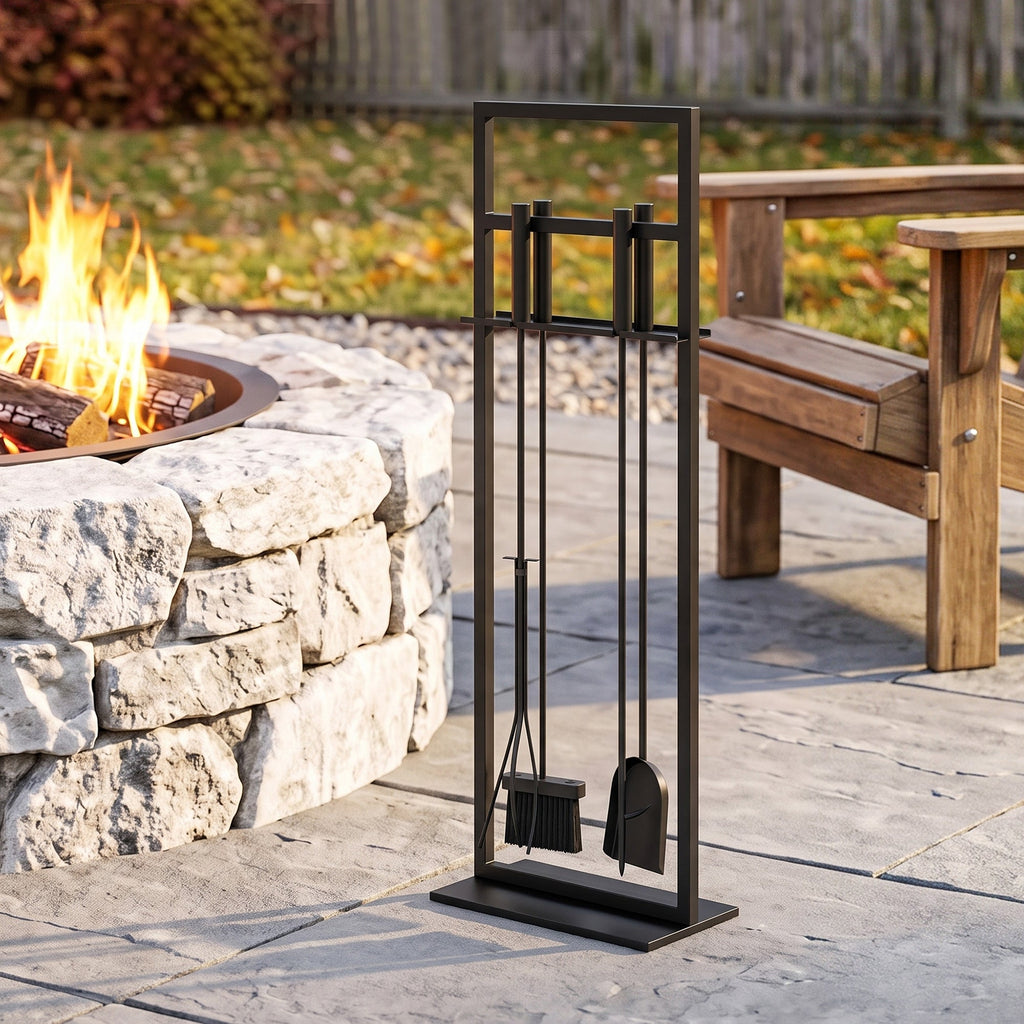5-Piece Fireplace Tool Set with Brush, Shovel, Poker, Tongs & Stand, Black Metal