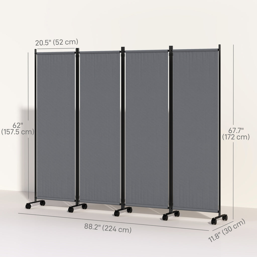 4 Panel Folding Room Divider with Lockable Wheels, Dark Grey