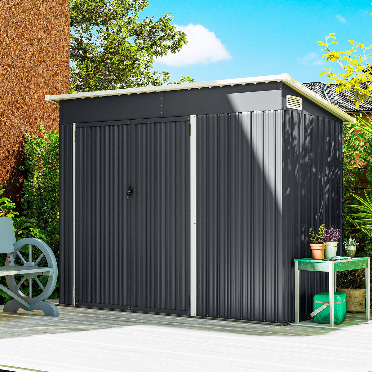 7.5' x 4.3' Metal Outdoor Storage Shed with Lockable Doors, Dark Grey