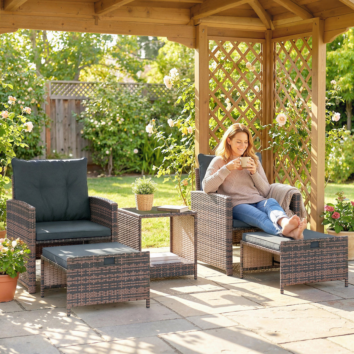 5-Piece Wicker Patio Set with Ottomans and 2-Tier Glass Table, Brown, Dark Grey