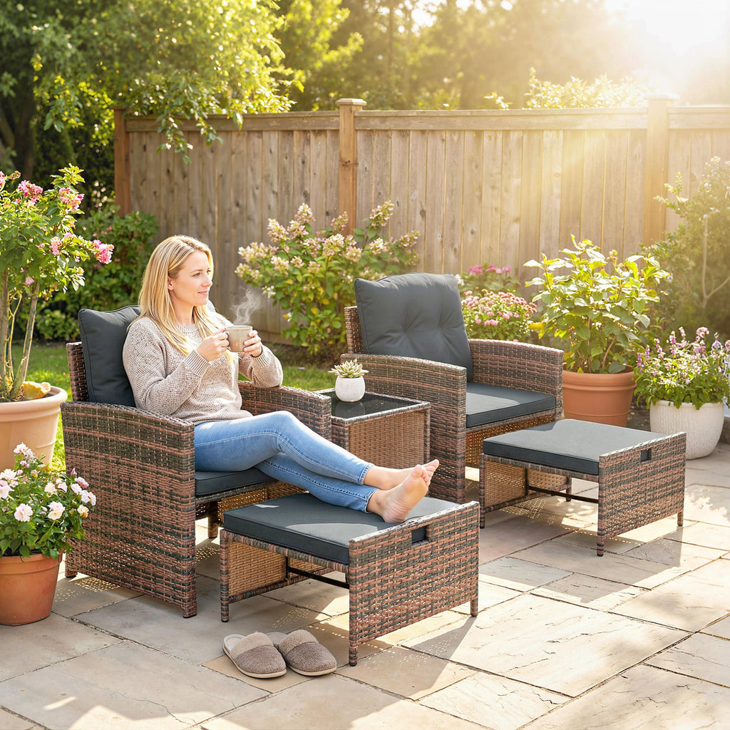 5-Piece Wicker Patio Set with Ottomans and 2-Tier Glass Table, Brown, Dark Grey