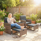 5-Piece Wicker Patio Set with Ottomans and 2-Tier Glass Table, Brown, Dark Grey
