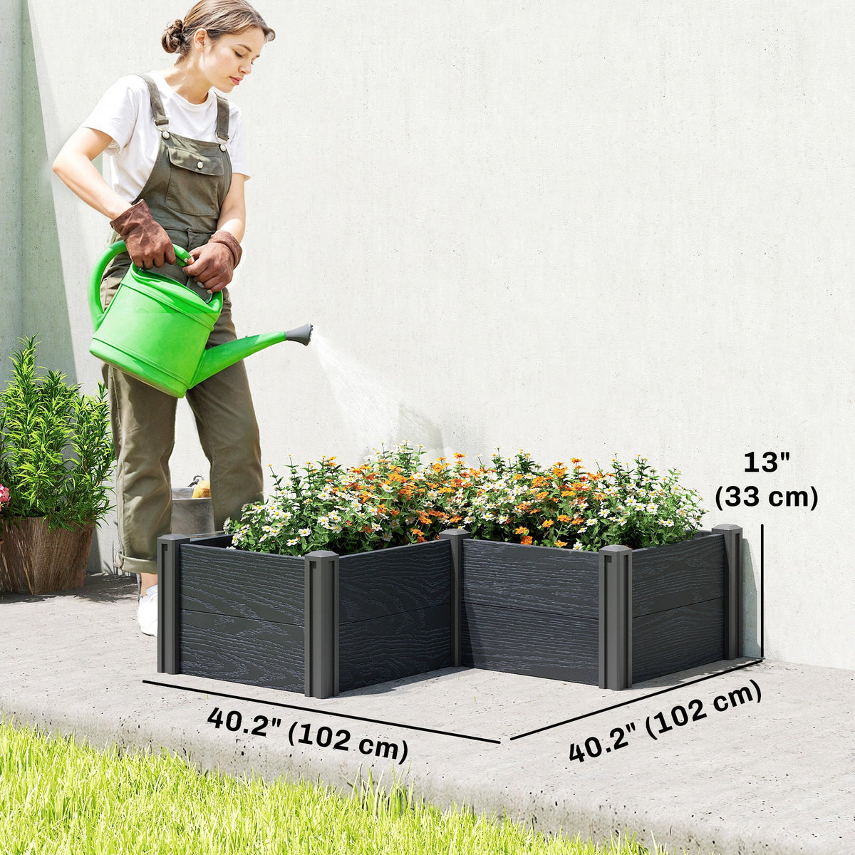 3 x 3 x 1ft Vinyl Raised Garden Bed with Open Bottom, Grey Wood Effect