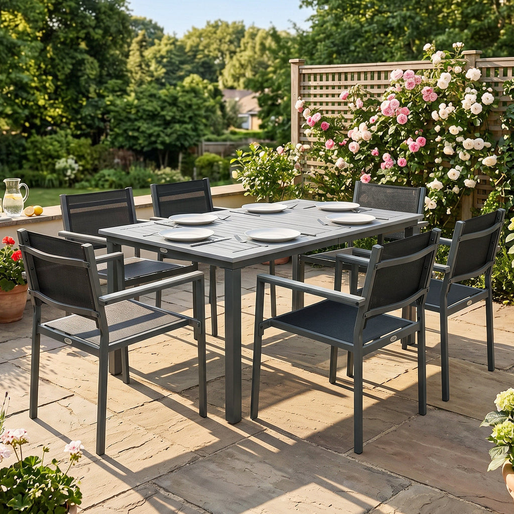 6-Seater Acacia Wood Top Dining Set with Stackable Texteline Chairs, Grey