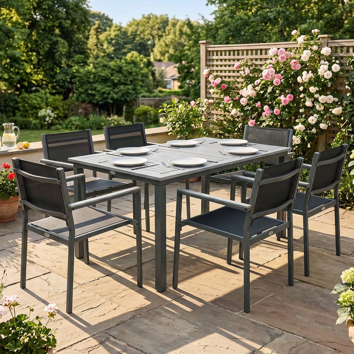 6-Seater Acacia Wood Top Dining Set with Stackable Texteline Chairs, Grey