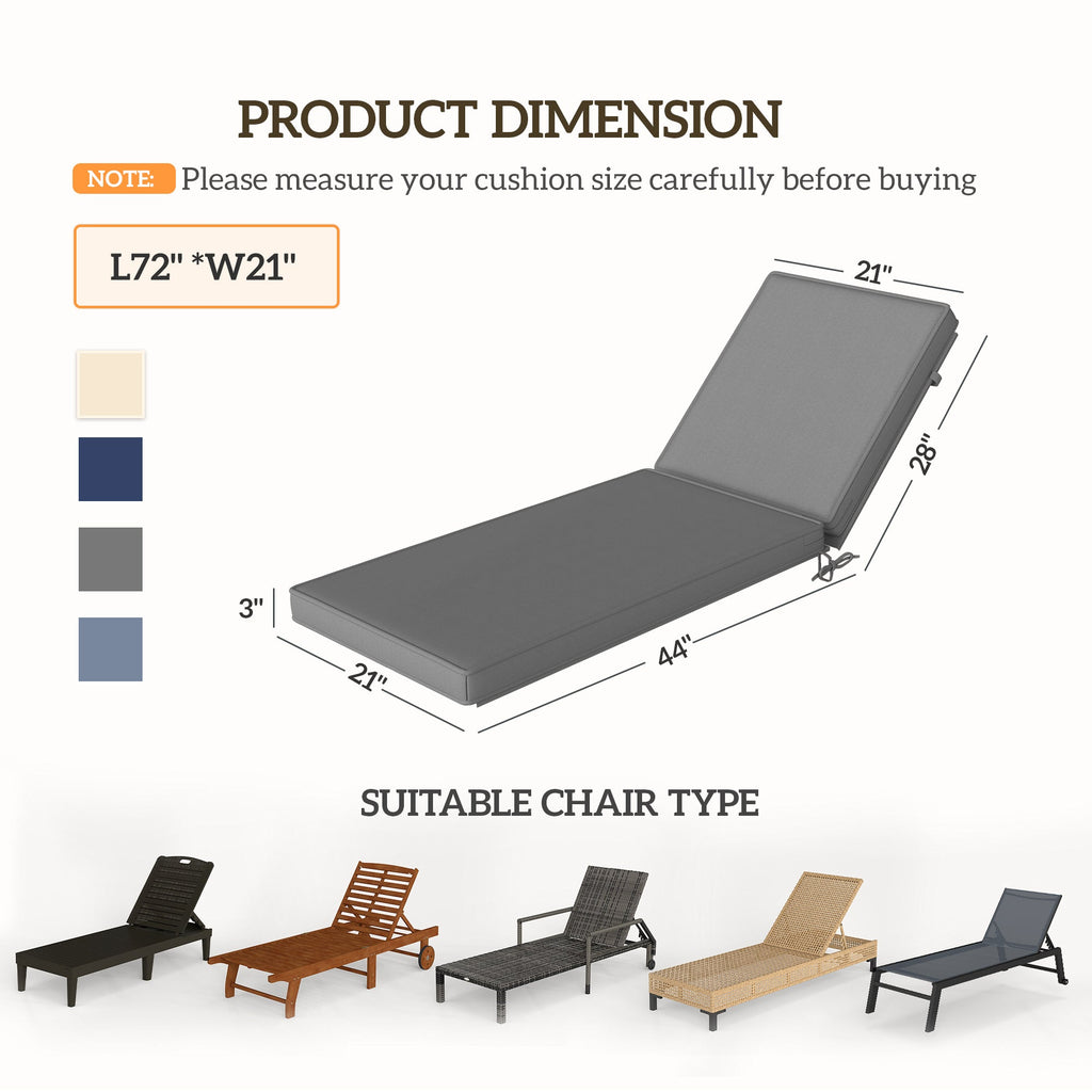 2-Piece Chaise Lounge Cushions, 72" x 21" x 3", Gray