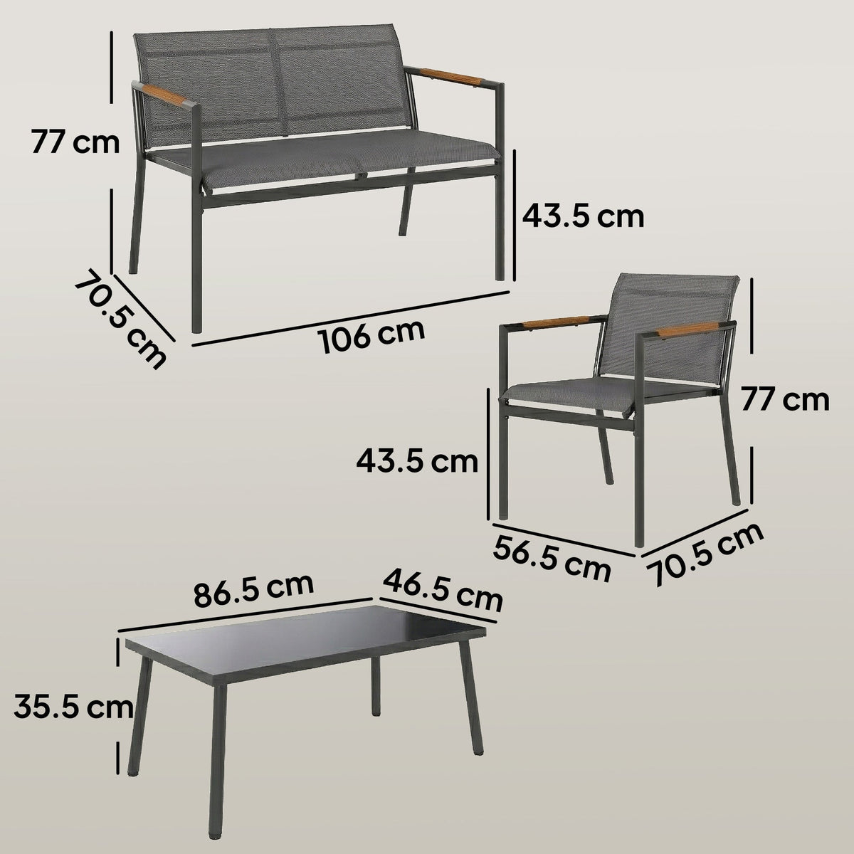 4-Seater Outdoor Sofa Set with Loveseat, 2 Armchairs & Metal Table, Mesh, Grey