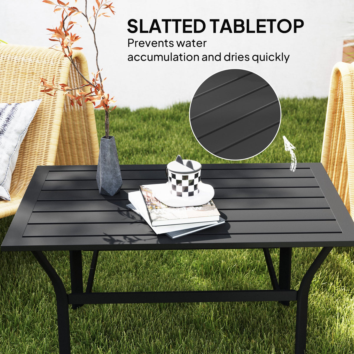 Outdoor Metal Coffee Table with Slatted Top, Black