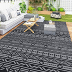 9' x 18' Reversible Outdoor Rug, Black Gray Geometric