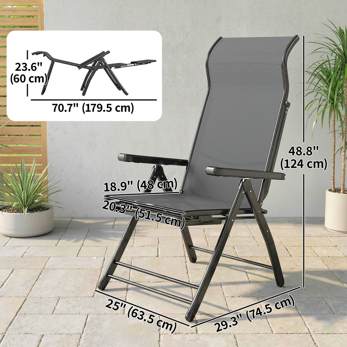 Set of 2 Folding Patio Chairs with Footrest and 5-Position Recline, Dark Grey