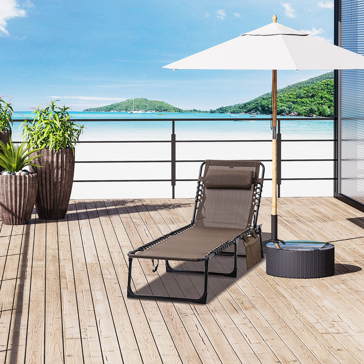 Folding Lounge Chair with Adjustable Backrest and Pillow, Brown