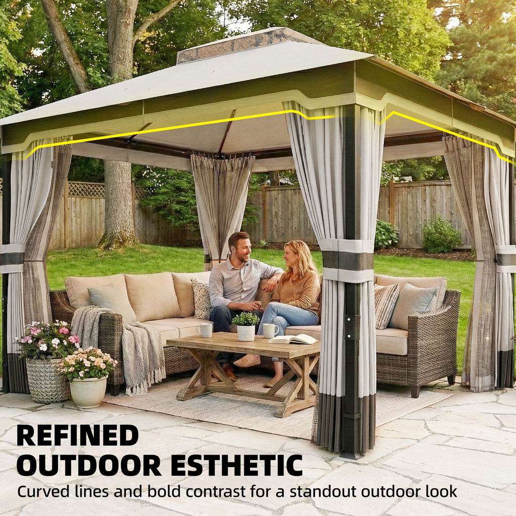 3 x 3.6 m Garden Gazebo with Double Roof, Netting & Curtains, Light Grey