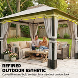 3 x 3.6 m Garden Gazebo with Double Roof, Netting & Curtains, Light Grey