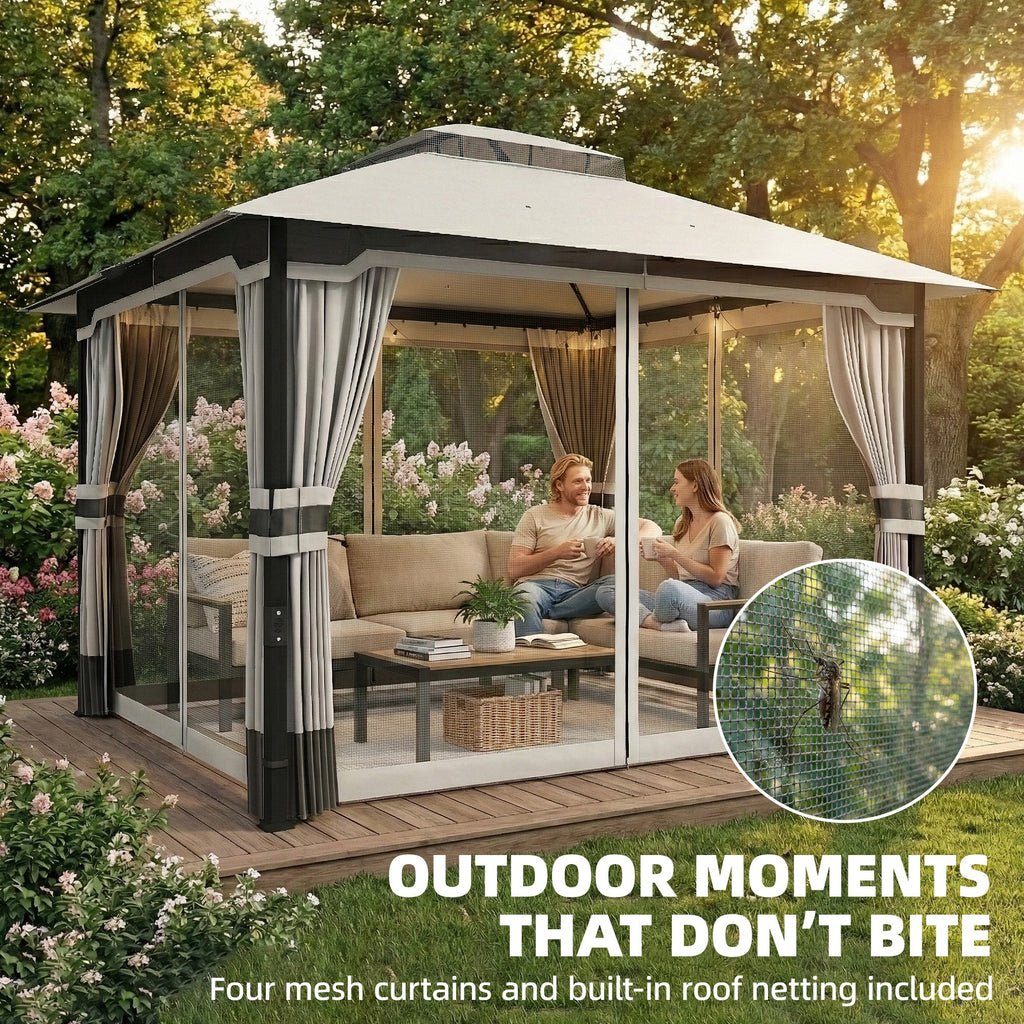 3 x 3.6 m Garden Gazebo with Double Roof, Netting & Curtains, Light Grey