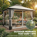 3 x 3.6 m Garden Gazebo with Double Roof, Netting & Curtains, Light Grey
