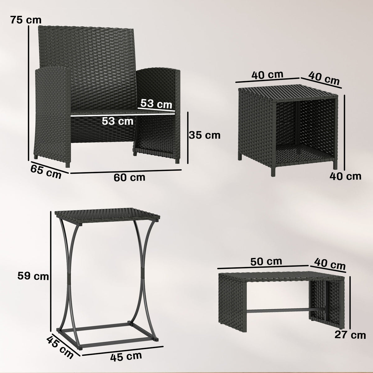 6 Piece Rattan Garden Furniture Set with 2 Nesting Tables, Black