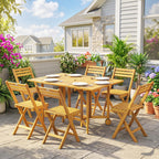 7-Piece Extending Acacia Dining Set with 6 Folding Chairs & Umbrella, Natural