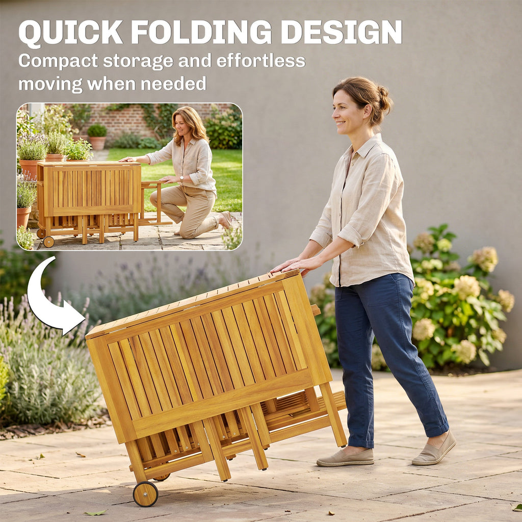 7-Piece Extending Acacia Dining Set with 6 Folding Chairs & Umbrella, Natural