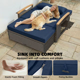 Rattan Daybed with Adjustable Backrest, Storage Ottoman, Navy Blue