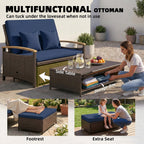 Rattan Daybed with Adjustable Backrest, Storage Ottoman, Navy Blue