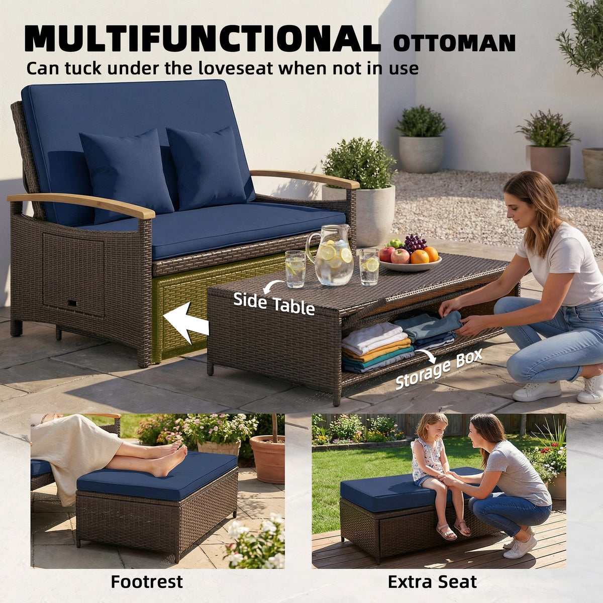 Rattan Daybed with Adjustable Backrest, Storage Ottoman, Navy Blue