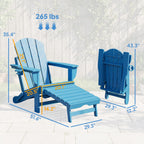 2 Piece Folding Adirondack Chairs with Ottoman and Cup Holder, Blue