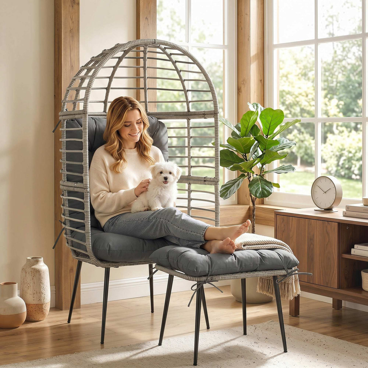 Standing PE Rattan Egg Chair with Footstool and Thick Cushions, Light Grey