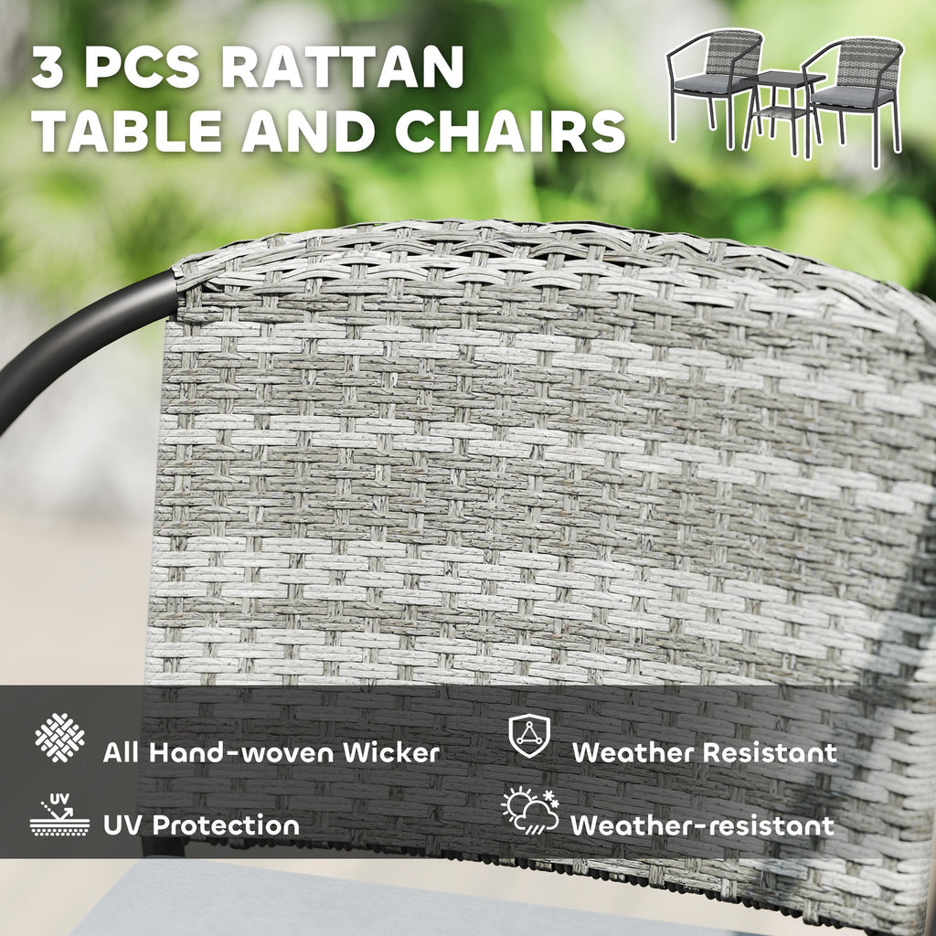 3pc Wicker Bistro Set with Cushions and 2-Tier Glass Table, Dark Grey