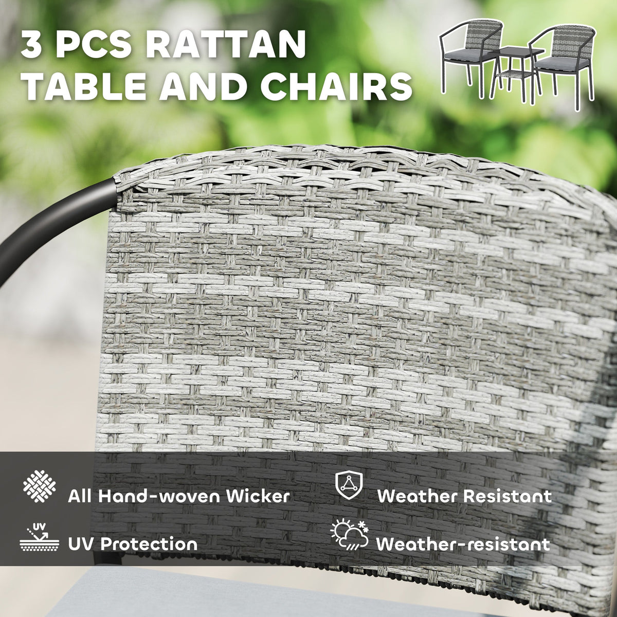 3pc Wicker Bistro Set with Cushions and 2-Tier Glass Table, Dark Grey