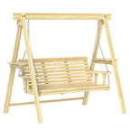 3-Seat Wooden Porch Swing with Stand and Side Tables, Natural Wood