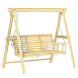 3-Seat Wooden Porch Swing with Stand and Side Tables, Natural Wood