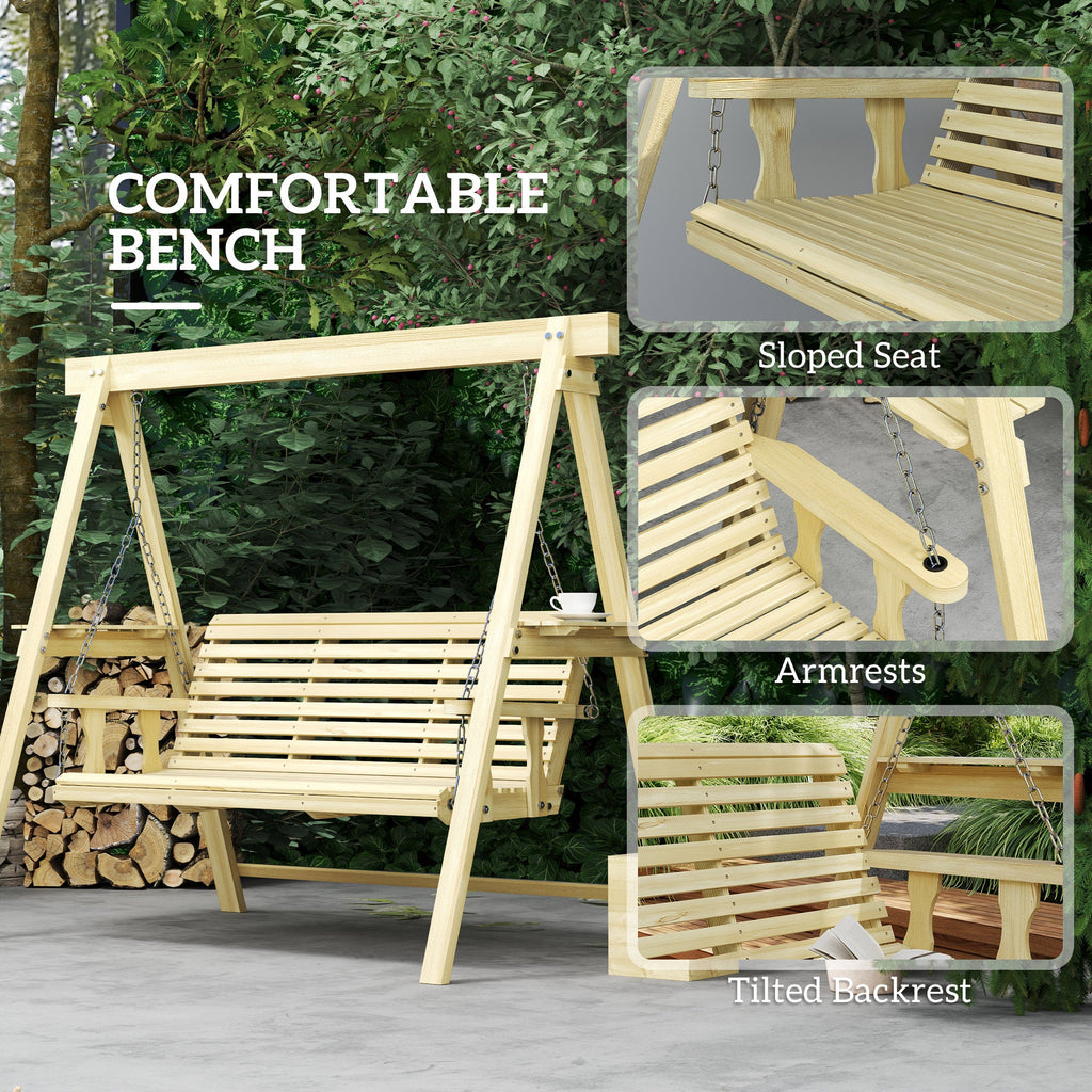 3-Seat Wooden Porch Swing with Stand and Side Tables, Natural Wood