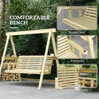3-Seat Wooden Porch Swing with Stand and Side Tables, Natural Wood