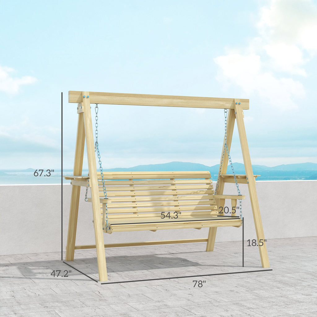 3-Seat Wooden Porch Swing with Stand and Side Tables, Natural Wood