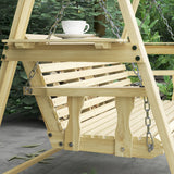 3-Seat Wooden Porch Swing with Stand and Side Tables, Natural Wood